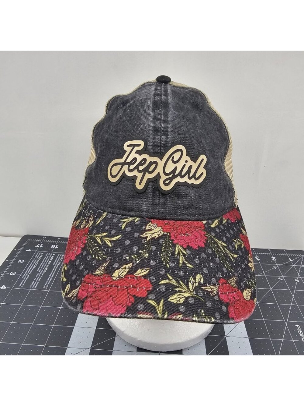 Infinity Her Jeep Girl Trucker Hat Floral Distressed Denim Ponytail Cap Elude